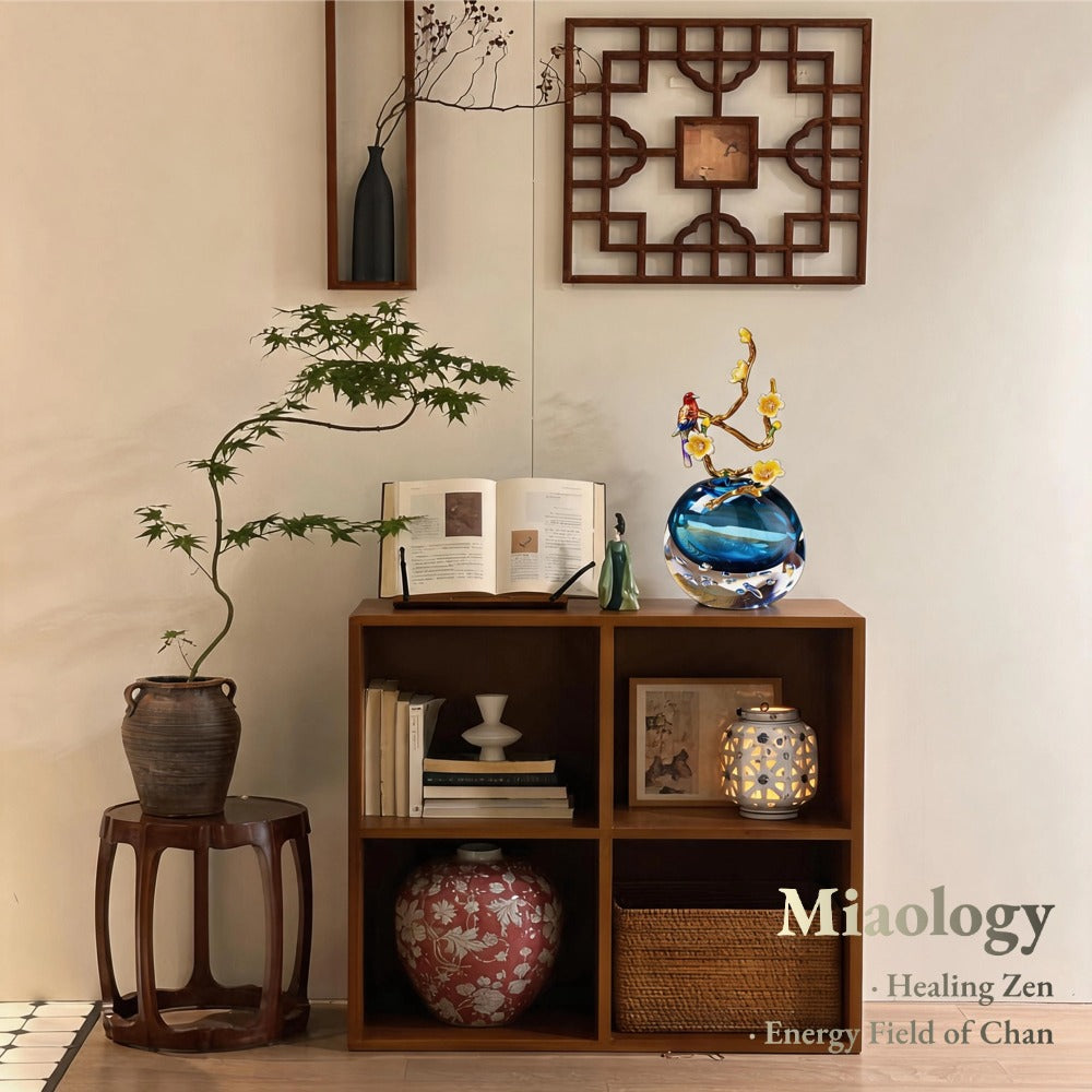 Handcrafted Double-Layer Liuli Vase Set with Enamel Plum Blossom & Hummingbird – Artistic Crystal Glass Sculptural Décor