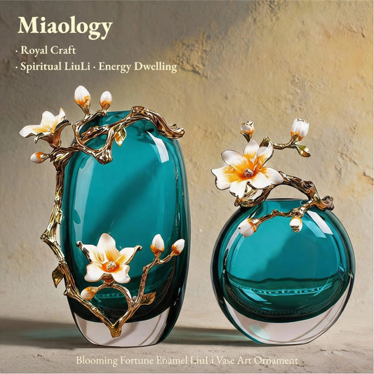 Handcrafted Liuli Vase Set with Enamel Pear Blossoms – Double-Layer Crystal Glass Sculptural Décor (Tall & Round Pair)
