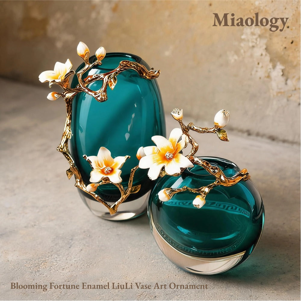 Handcrafted Liuli Vase Set with Enamel Pear Blossoms – Double-Layer Crystal Glass Sculptural Décor (Tall & Round Pair)