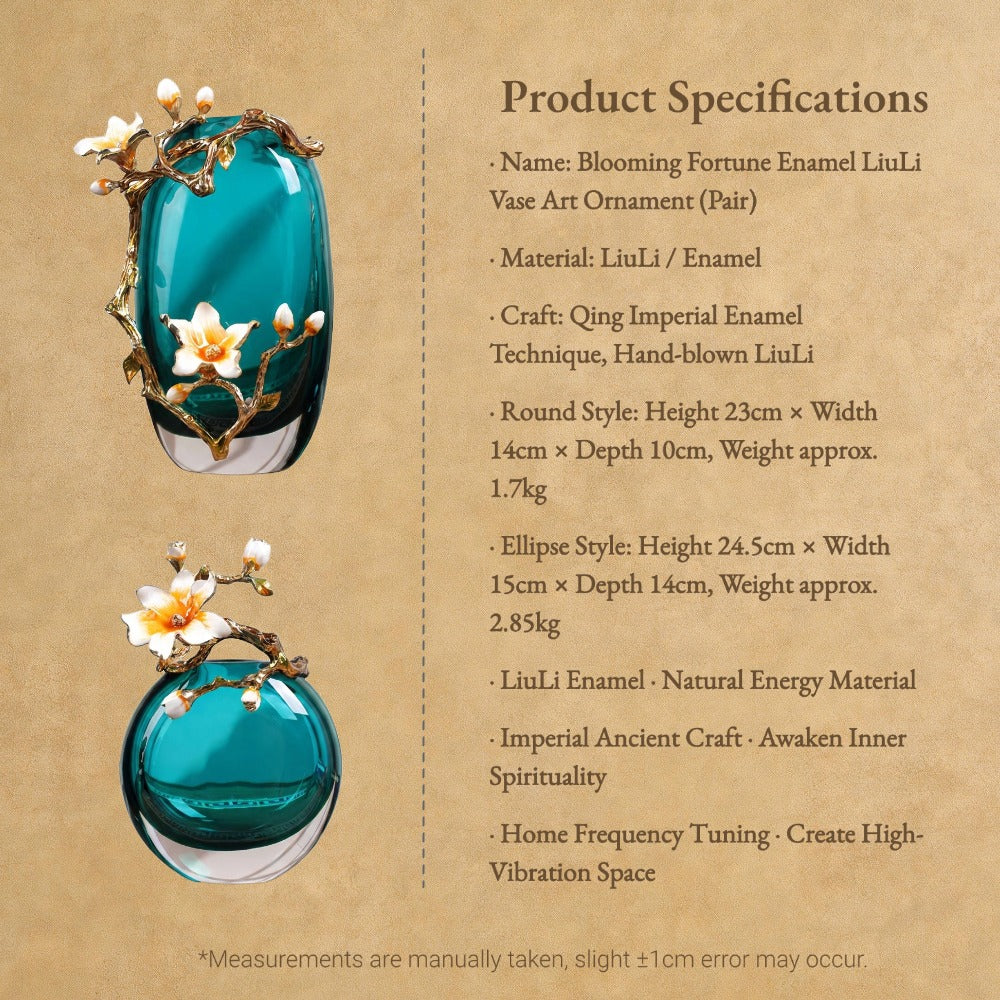 Handcrafted Liuli Vase Set with Enamel Pear Blossoms – Double-Layer Crystal Glass Sculptural Décor (Tall & Round Pair)