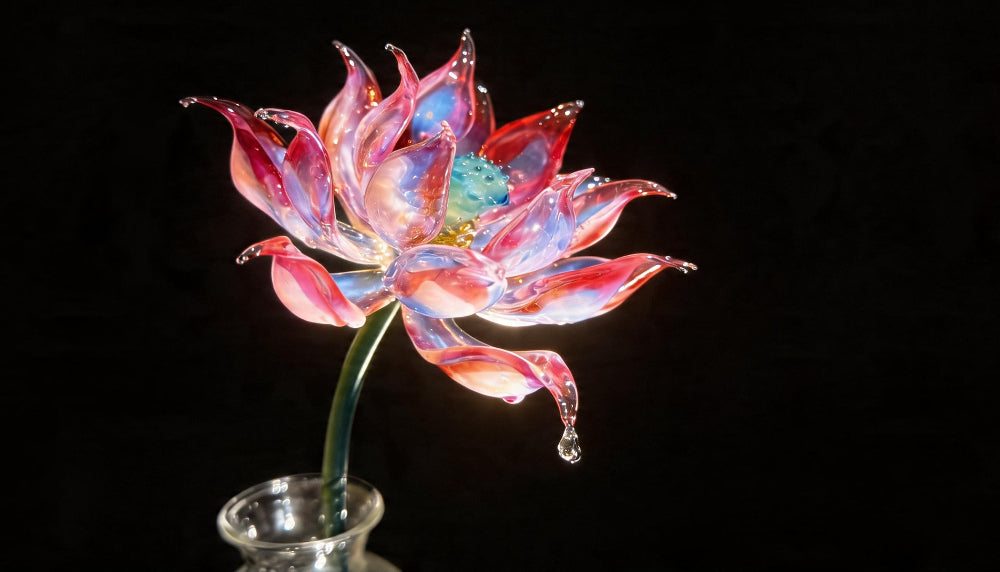 Macro shot of a colored glass sculpture of a lotus made of vibrant colored glass with intense saturation