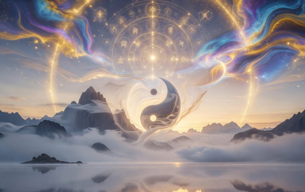 Yin yang symbol with mountain and cloud landscape, featuring the brand 'Nim'.
