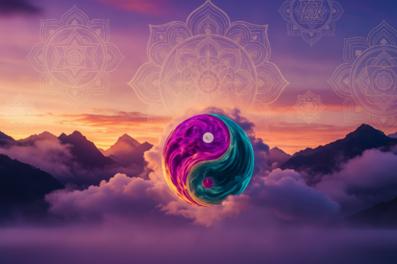 Yin and yang symbol in the clouds with mountain and celestial design