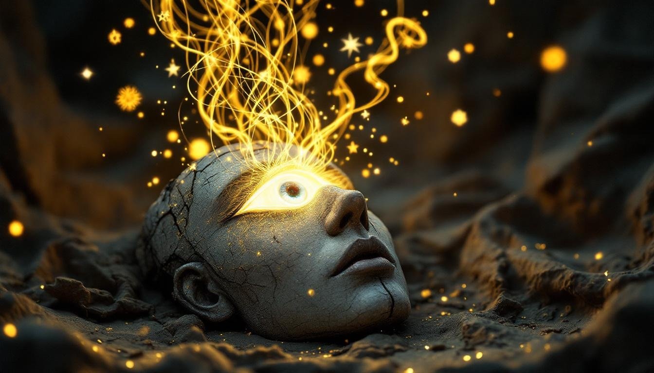 Stone head emerging from sand with glowing golden energy around it