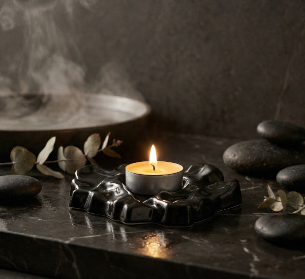 Candle in a black holder with stones and leaves on a dark surface, featuring the brand 'Nim'.
