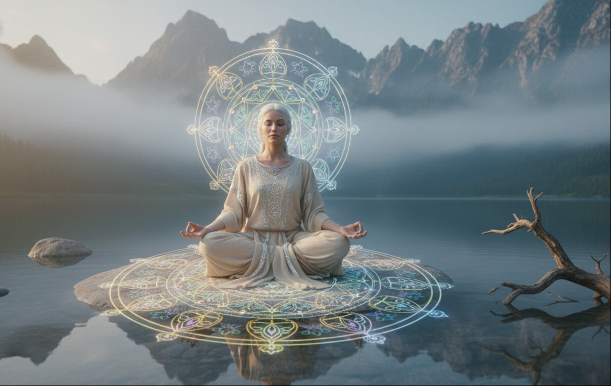 Person meditating in the center of a mandala with mountains and water in the background